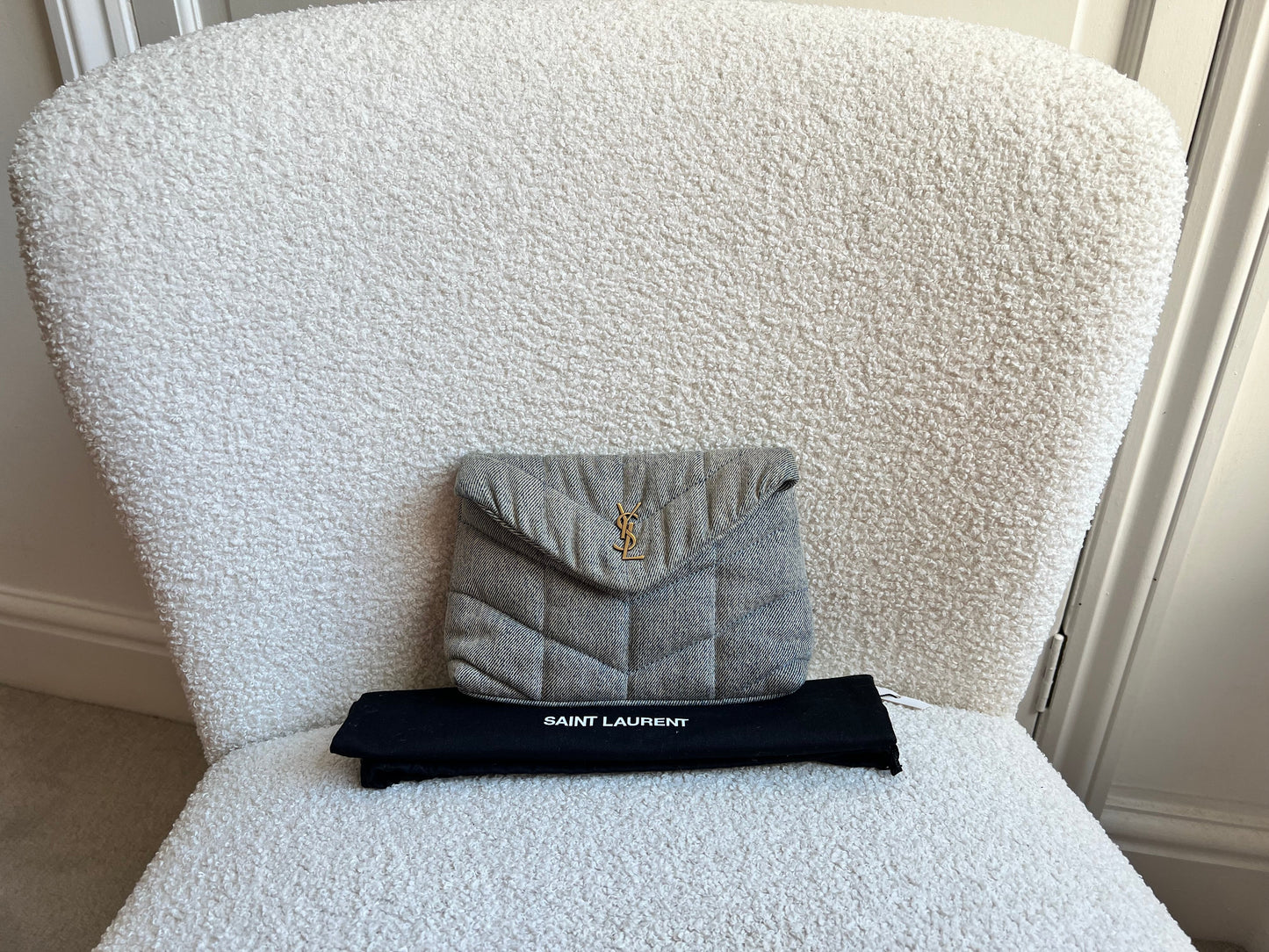 Yves Saint Laurent (YSL) Puffer Clutch Pouch in Blue Quilted Denim (RRP £710)