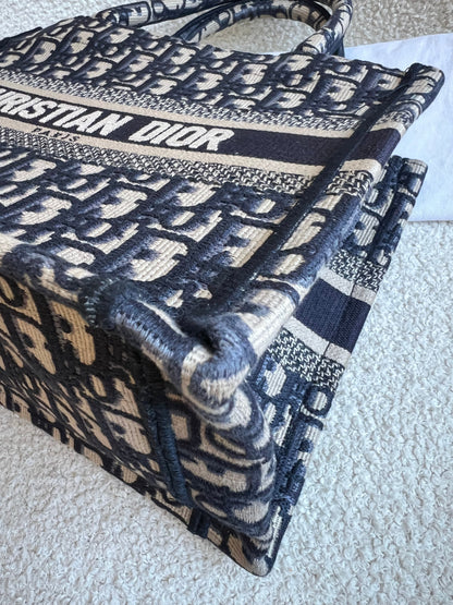 Christian Dior Small Book Tote in Ecru and Blue Dior Oblique Embroidery (RRP £2500)