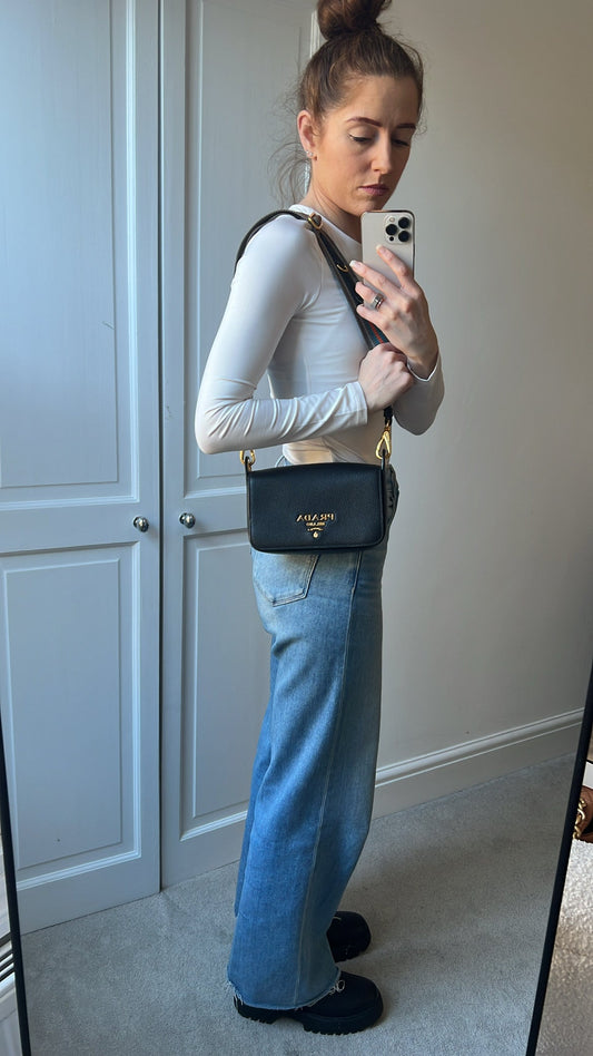 Prada Vitello Phoenix Black Small Leather Crossbody Bag Web Stripe Strap