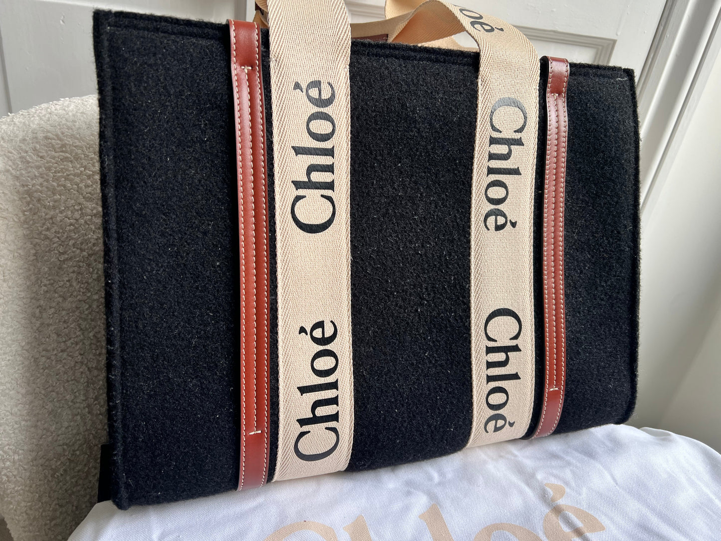 Chloe Medium Black Wool Woody Tote Bag