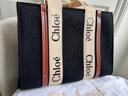 Chloe Medium Black Wool Woody Tote Bag
