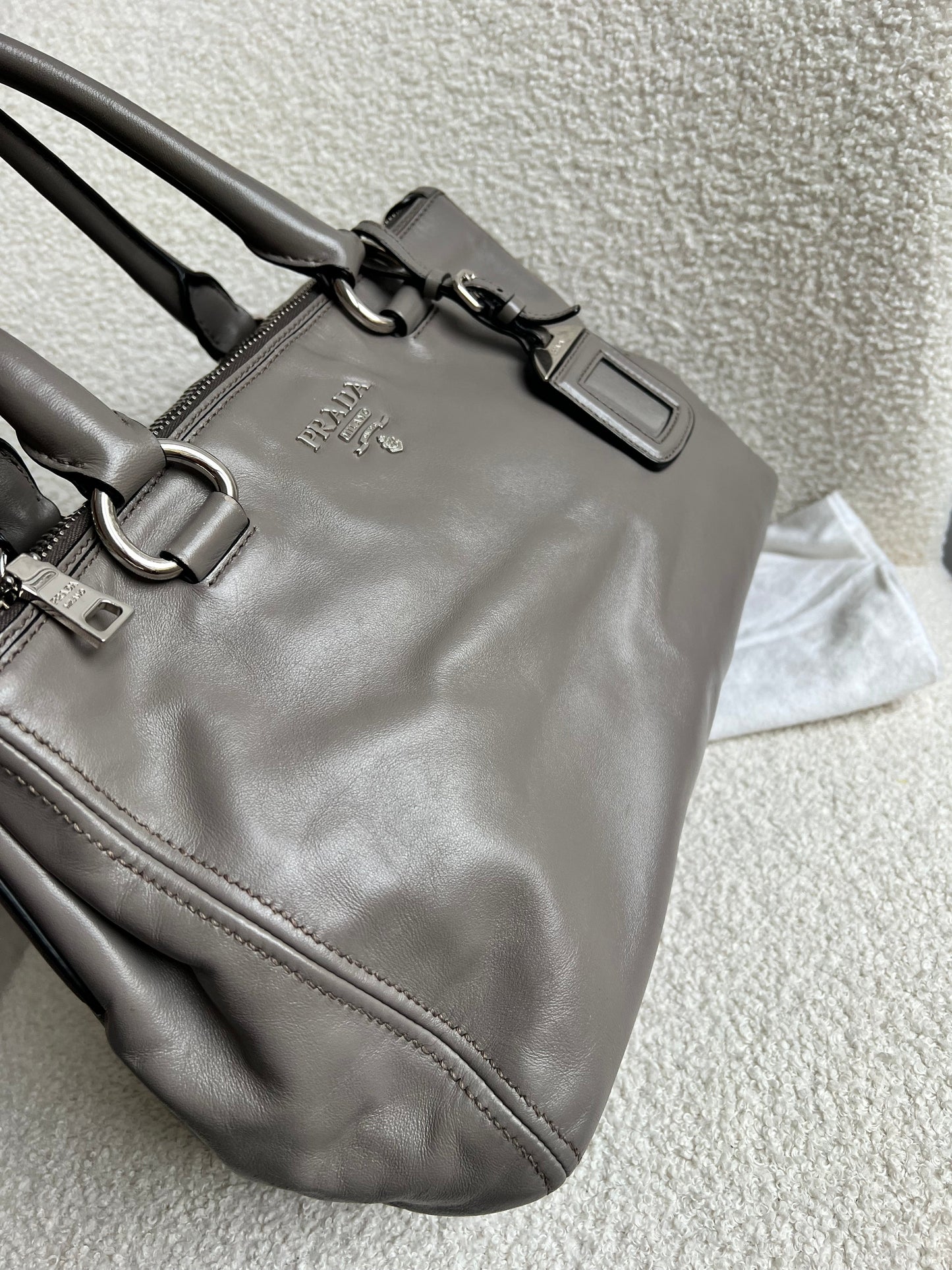 Prada Grey Double Zip Two Way Tote in Grey Soft Calf