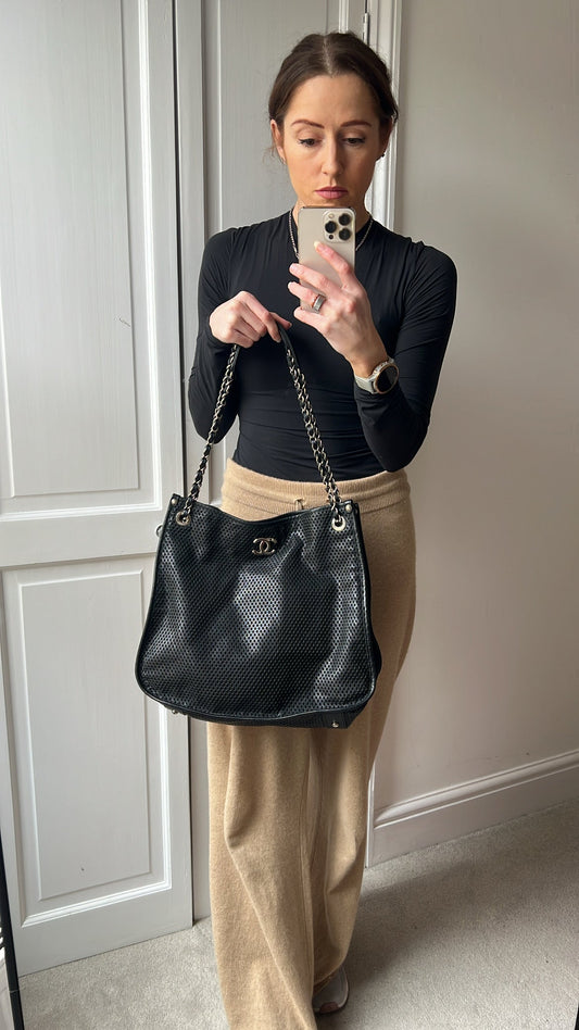 Chanel Black Perforated Up in the Air Tote Retro