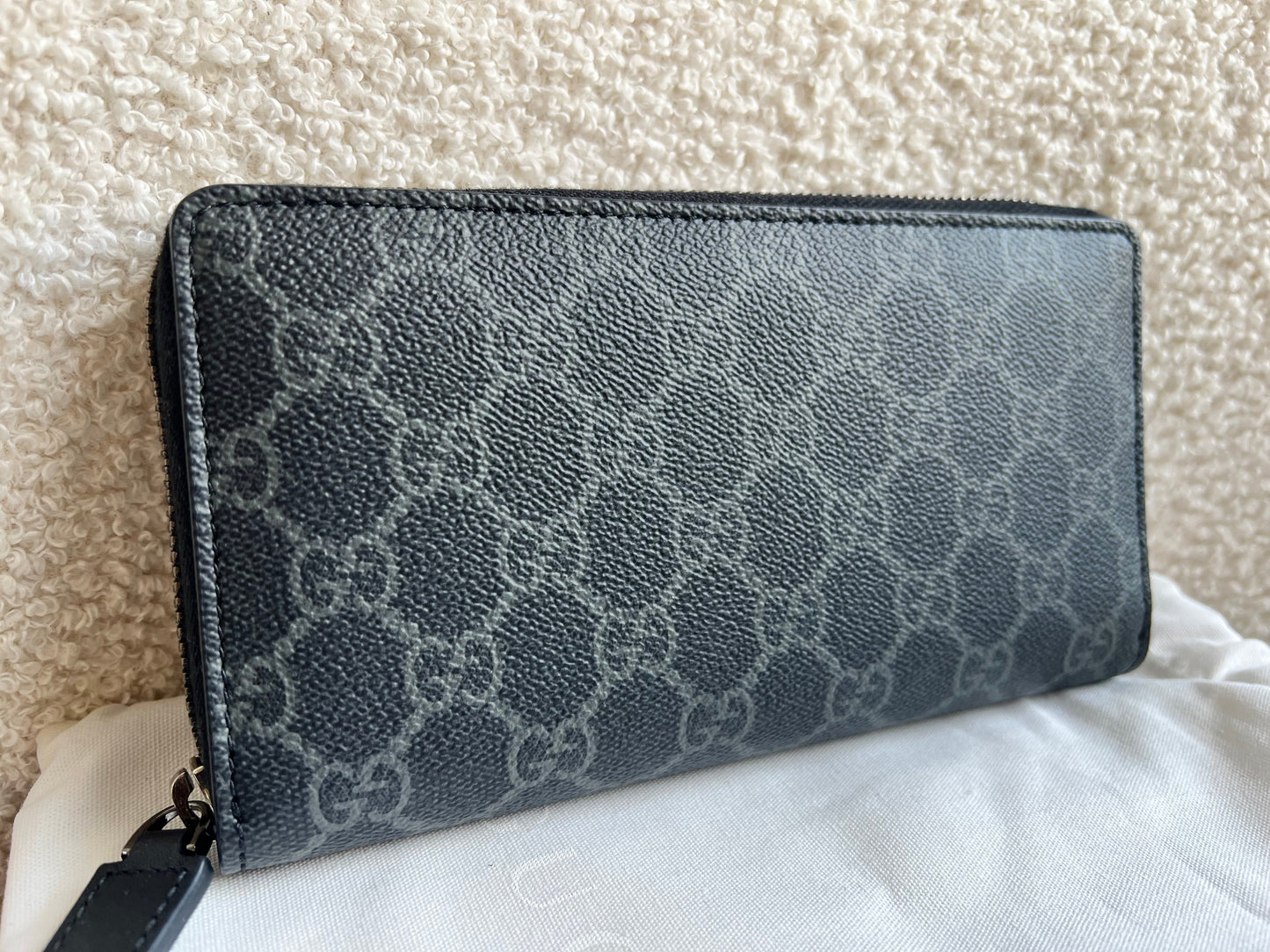 Gucci Black Grey GG Canvas zip around wallet