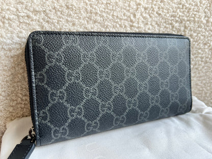 Gucci Black Grey GG Canvas zip around wallet