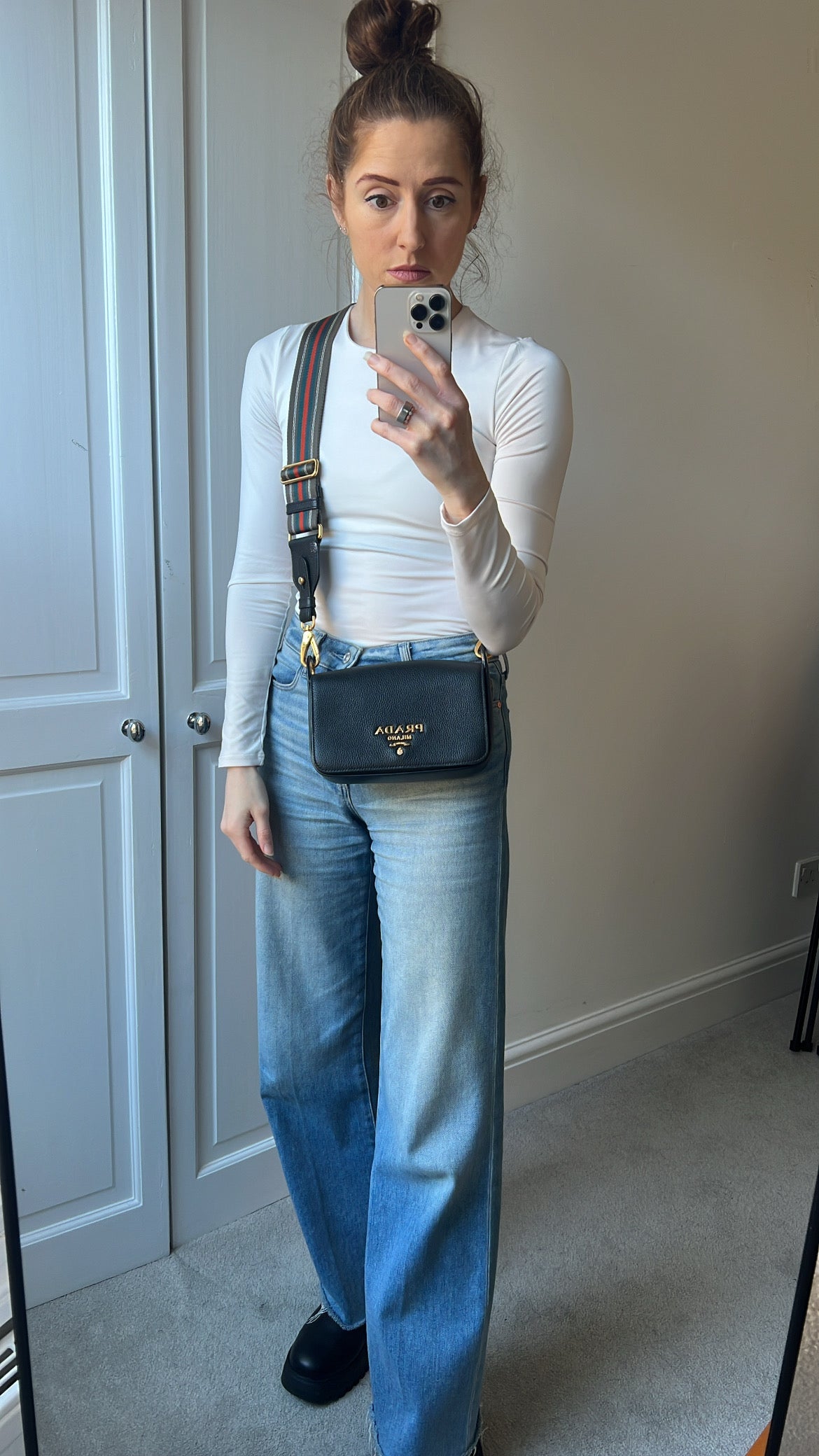 Prada Vitello Phoenix Black Small Leather Crossbody Bag Web Stripe Strap