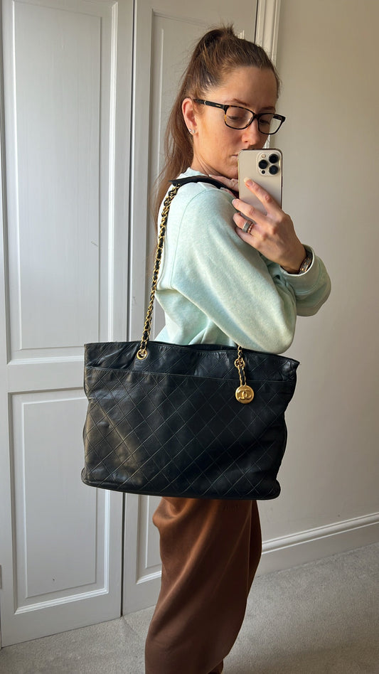 Chanel Vintage Black Lambskin Chain Tote with Gold Hardware