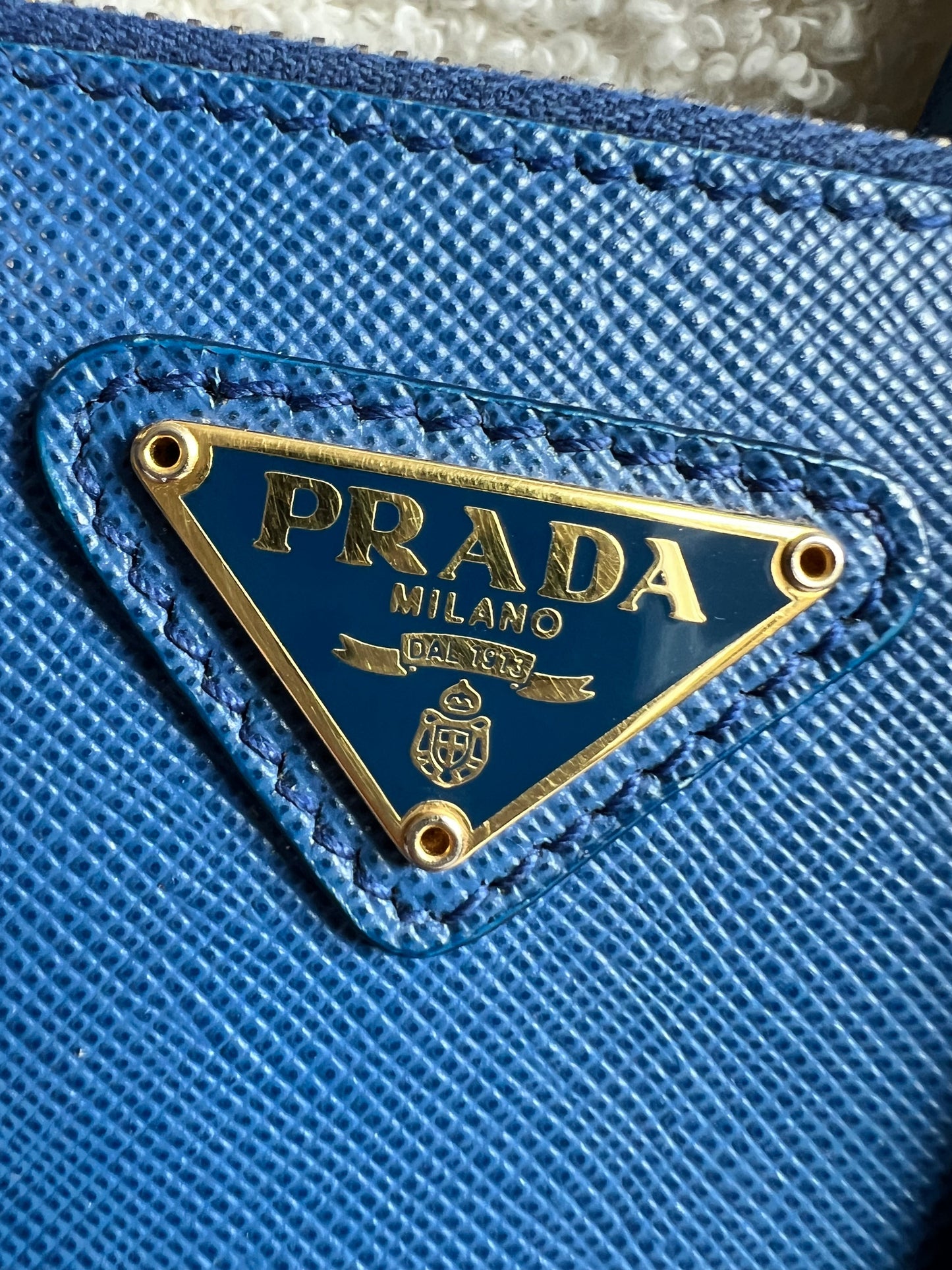 Prada Blue Saffiano Lux Leather Micro Double Zip Tote