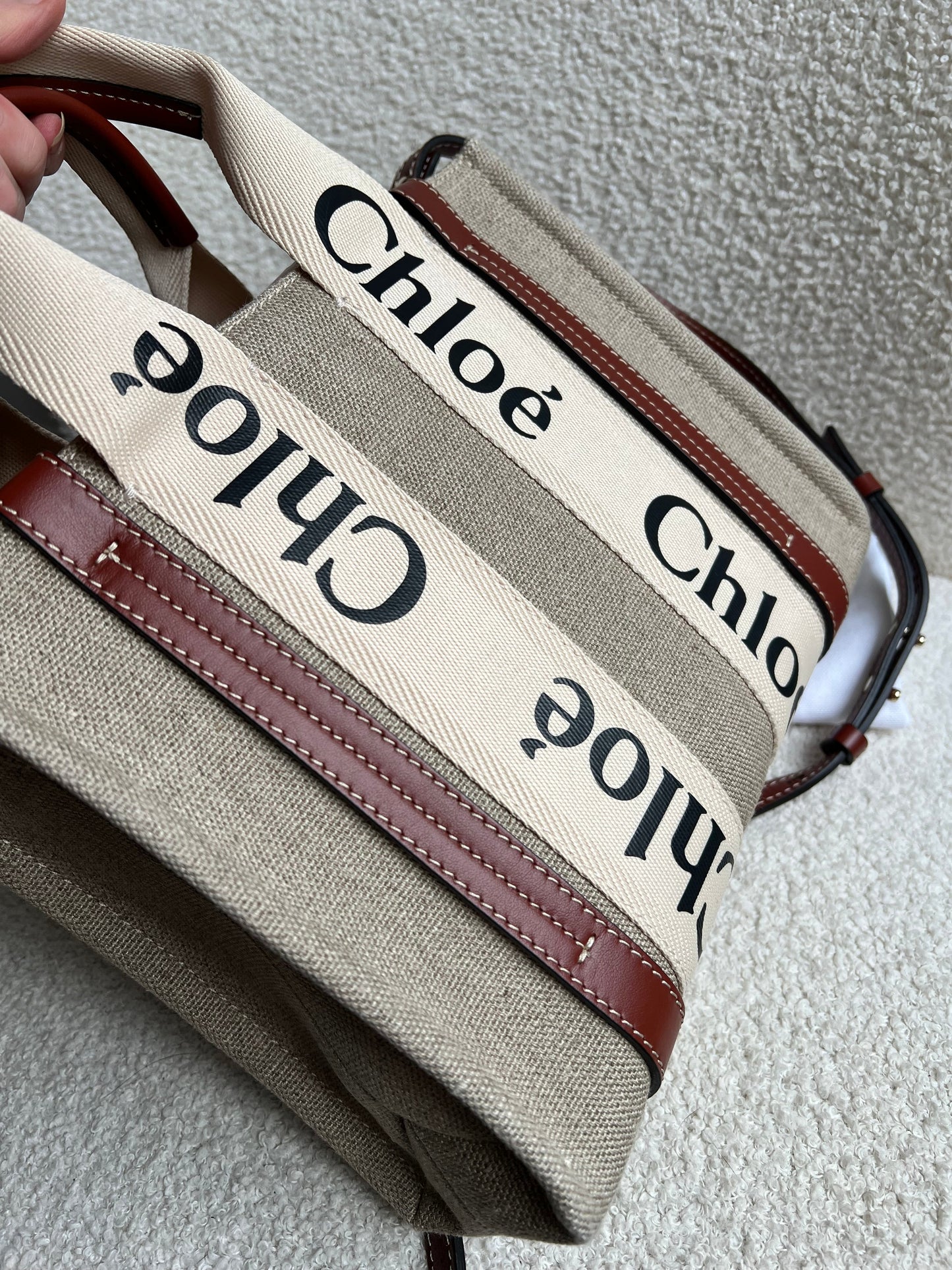 Chloe Small Soft Tan Linen Woody Tote Bag (£890)