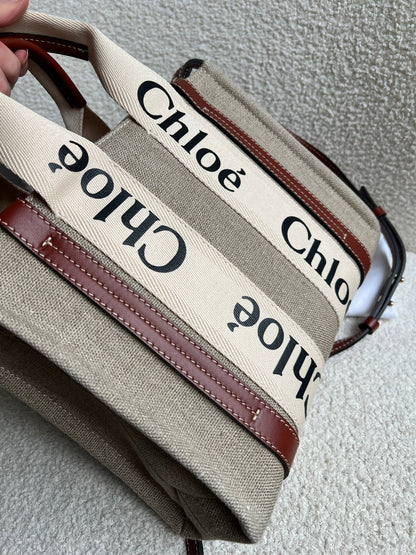 Chloe Small Soft Tan Linen Woody Tote Bag (£890)