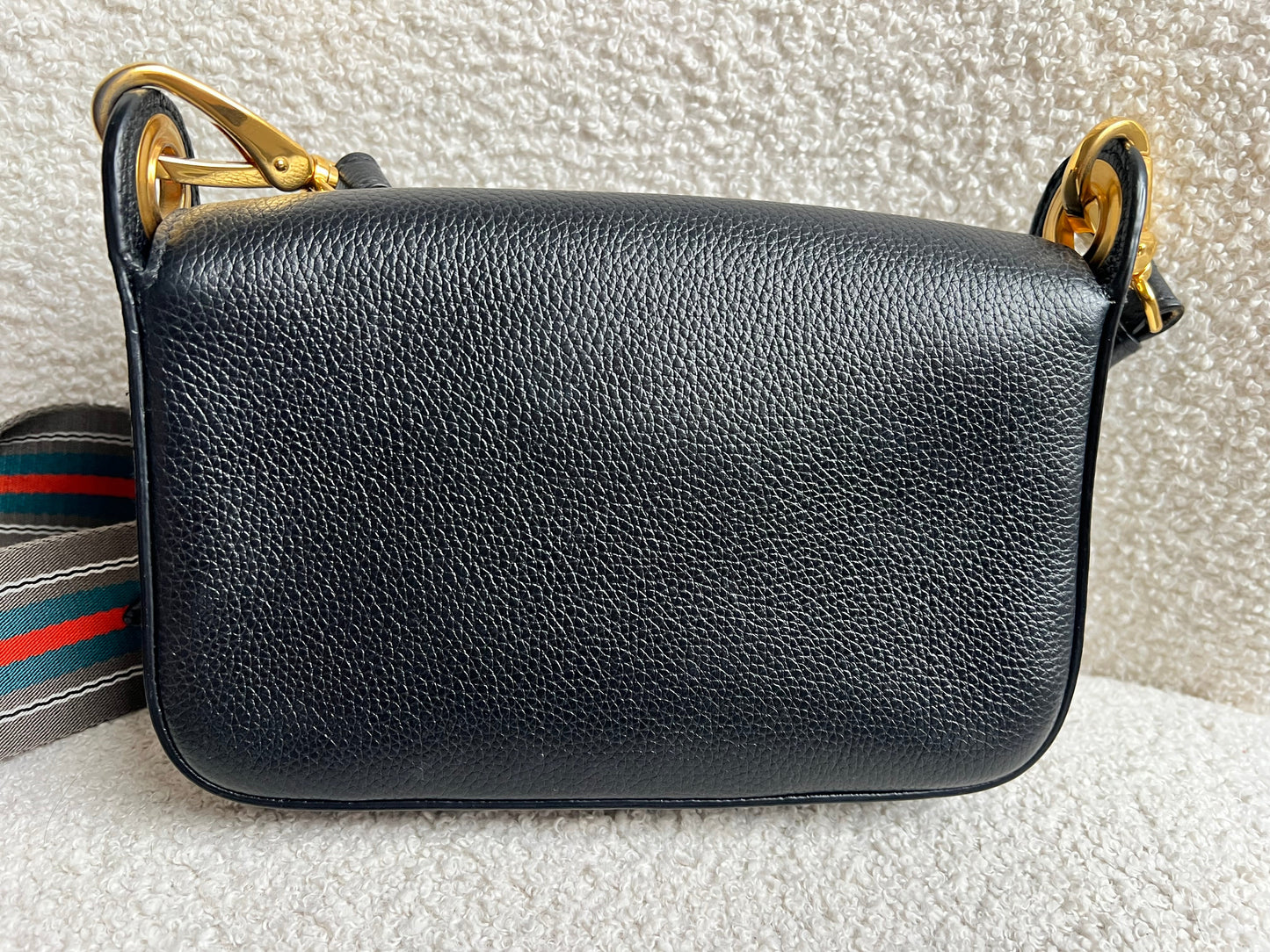 Prada Vitello Phoenix Black Small Leather Crossbody Bag Web Stripe Strap