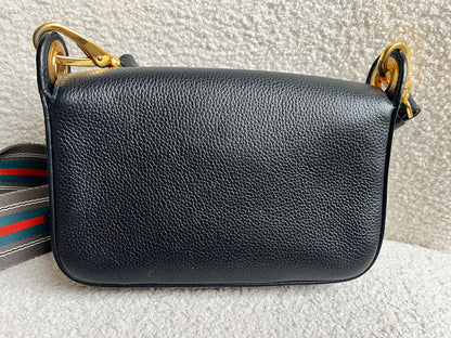 Prada Vitello Phoenix Black Small Leather Crossbody Bag Web Stripe Strap
