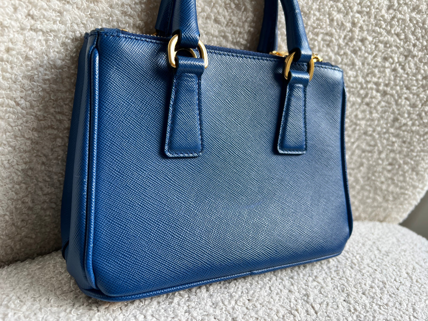 Prada Blue Saffiano Lux Leather Micro Double Zip Tote