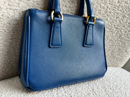 Prada Blue Saffiano Lux Leather Micro Double Zip Tote