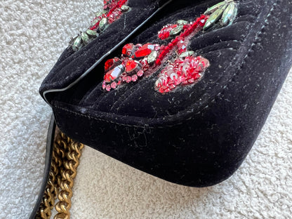 Gucci GG Black Velvet Embellished Marmont Mini Shoulder Bag
