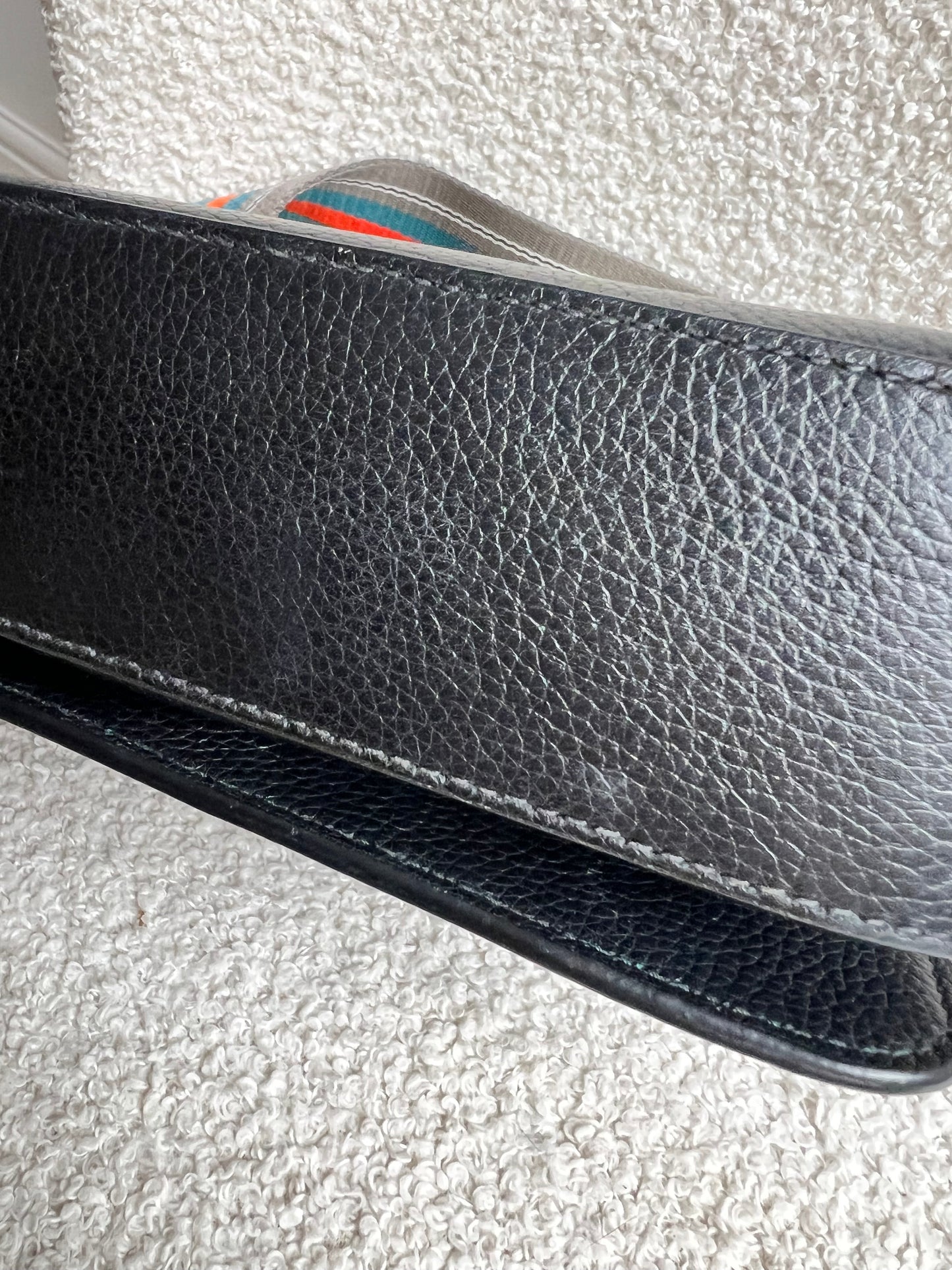 Prada Vitello Phoenix Black Small Leather Crossbody Bag Web Stripe Strap