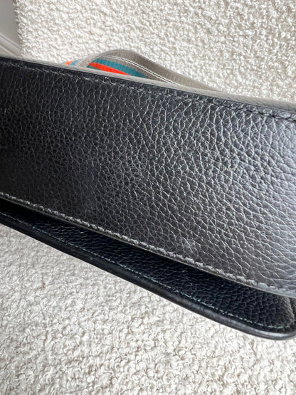 Prada Vitello Phoenix Black Small Leather Crossbody Bag Web Stripe Strap