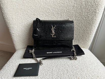 Yves Saint Laurent (YSL) Black Croc Medium Sunset with Silver Hardware (RRP £2,200)