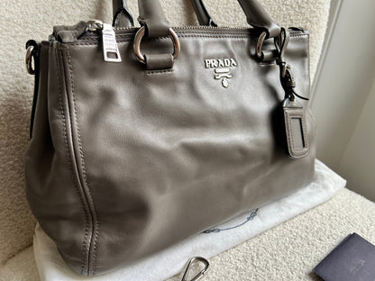 Prada Grey Double Zip Two Way Tote in Grey Soft Calf
