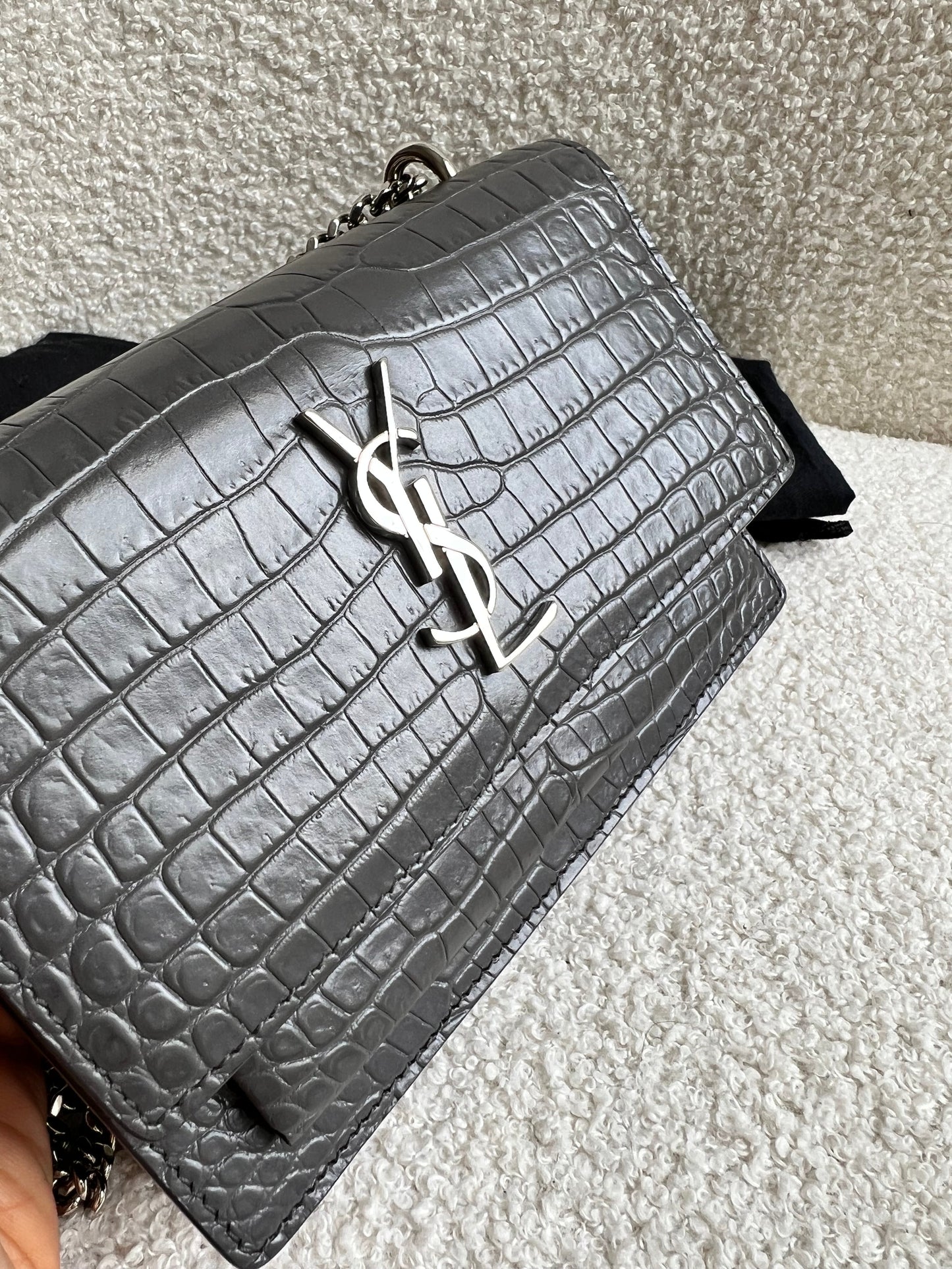 Yves Saint Laurent (YSL) Grey Croc Mini Sunset with Silver Hardware (RRP £1,545)