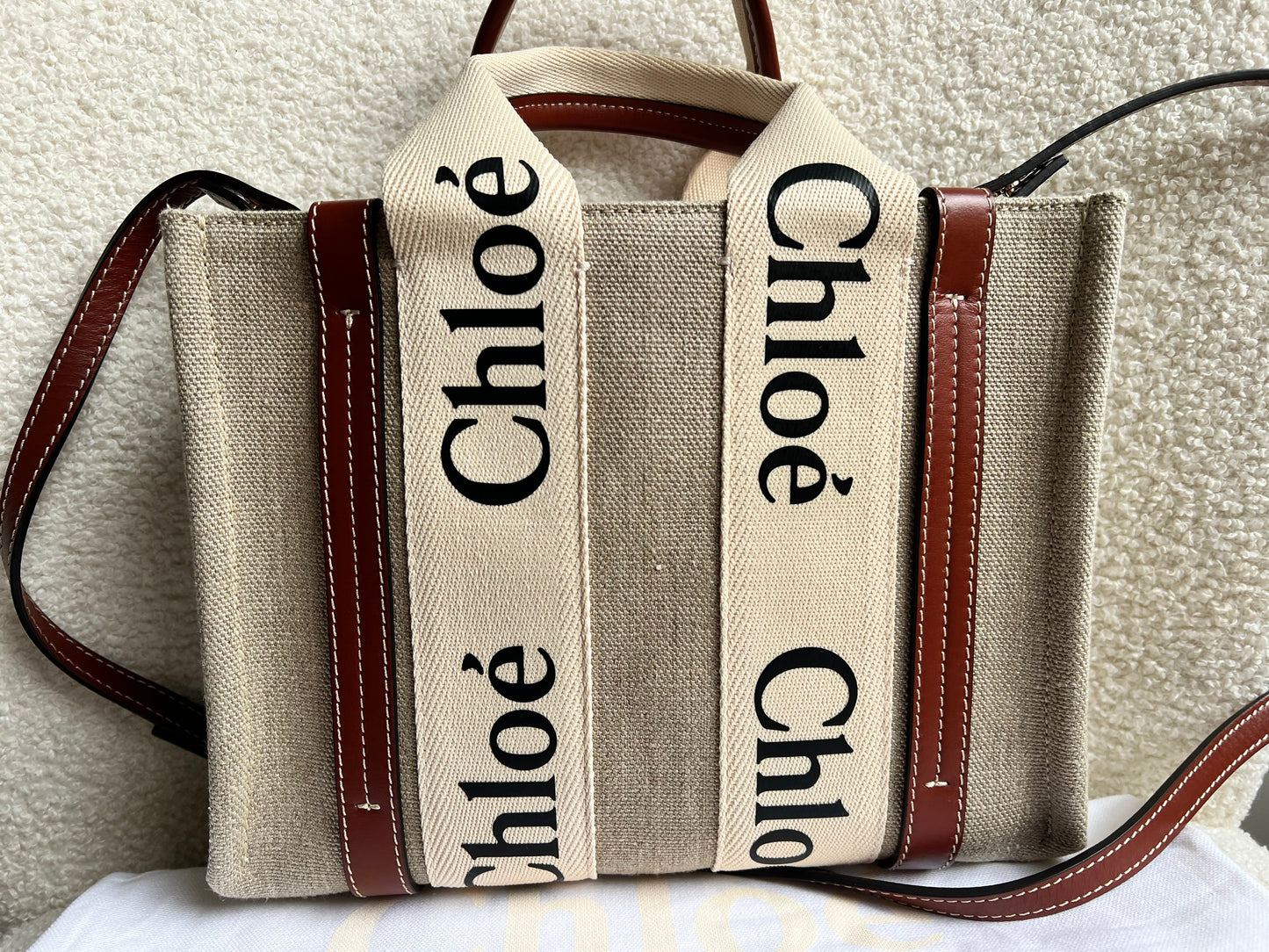 Chloe Small Soft Tan Linen Woody Tote Bag (£890)