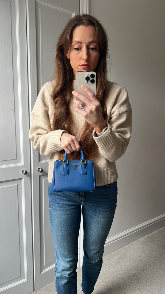 Prada Blue Saffiano Lux Leather Micro Double Zip Tote