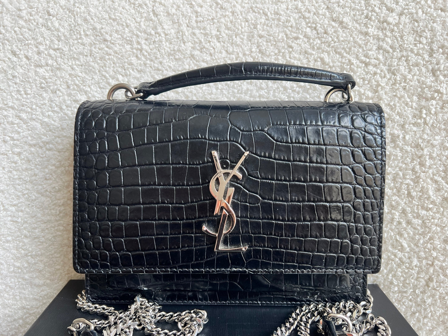 Yves Saint Laurent (YSL) Black Croc Mini Sunset Top Handle (RRP £1,445)