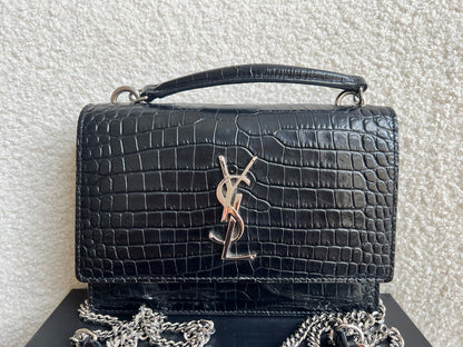 Yves Saint Laurent (YSL) Black Croc Mini Sunset Top Handle (RRP £1,445)