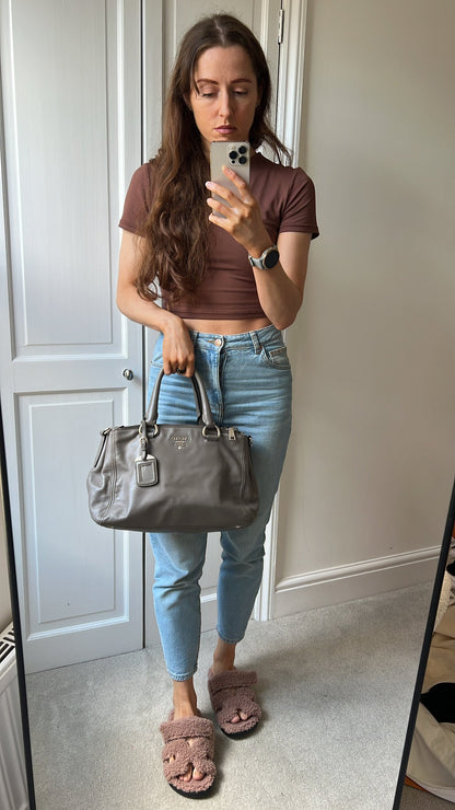 Prada Grey Double Zip Two Way Tote in Grey Soft Calf