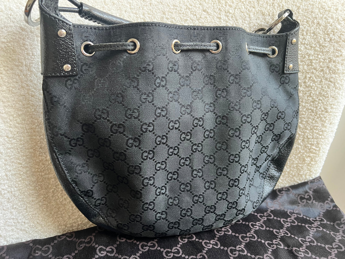 Gucci Black GG Canvas Drawstring Shoulder Bag