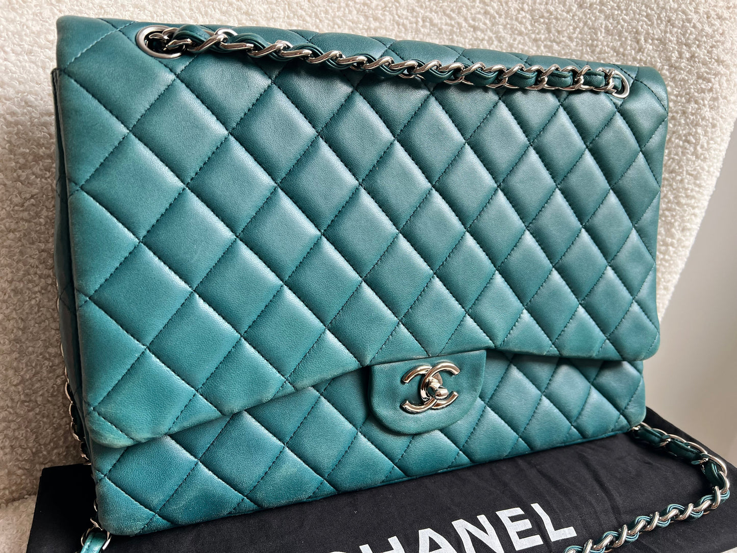 Chanel Maxi Single Flap in Teal Lambskin Silver Hardware