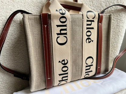 Chloe Small Soft Tan Linen Woody Tote Bag (£890)