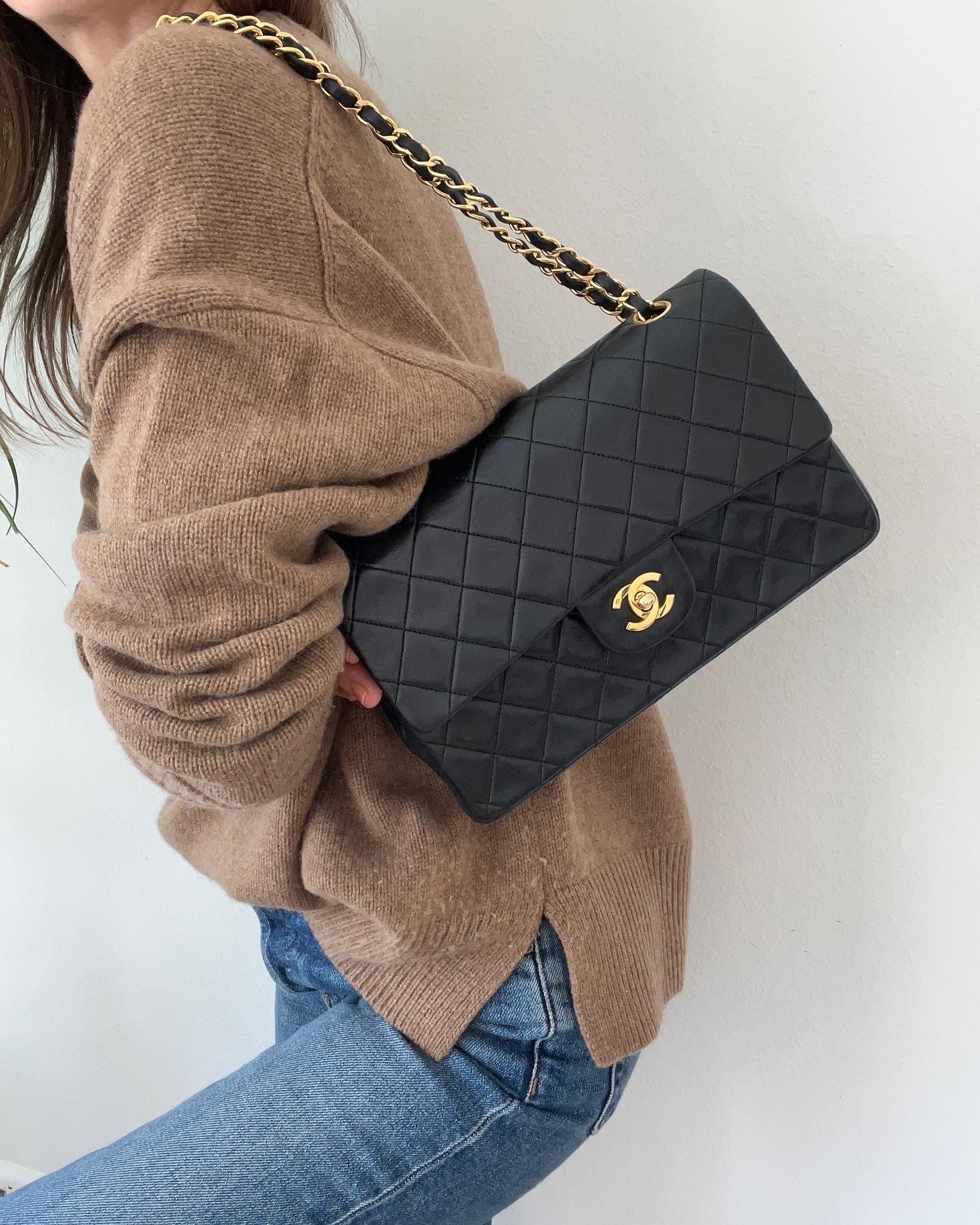 Medium Classic Double Flap Bag in Black Lambskin