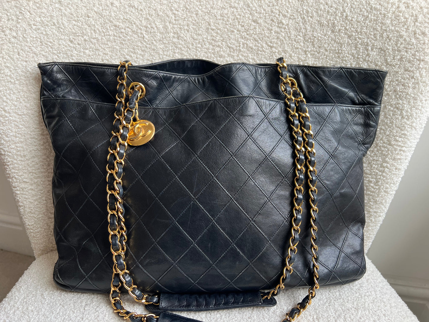 Chanel Vintage Black Lambskin Chain Tote with Gold Hardware