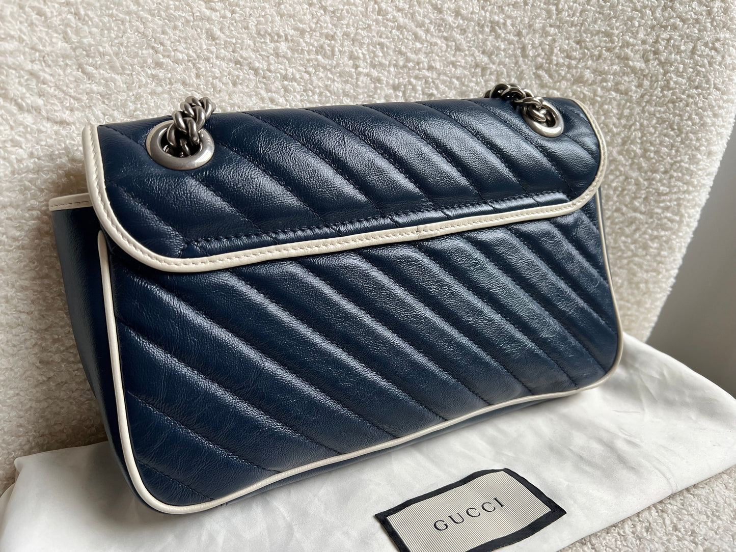 Gucci GG Navy and White Torchon Marmont Small Shoulder Bag