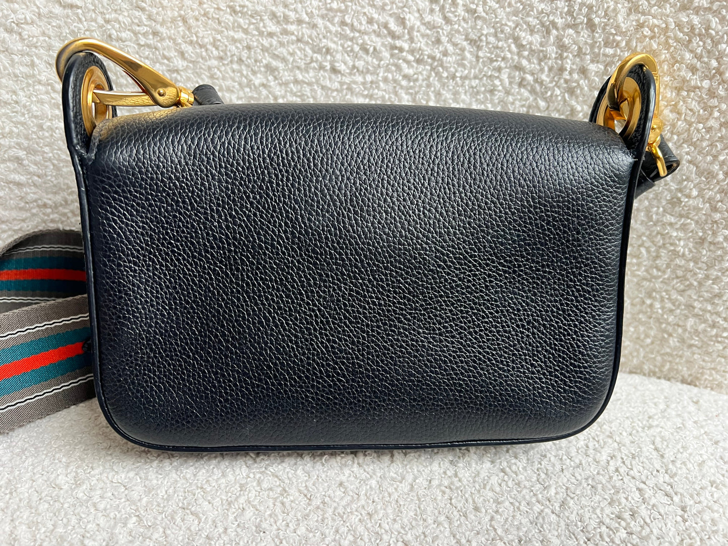 Prada Vitello Phoenix Black Small Leather Crossbody Bag Web Stripe Strap