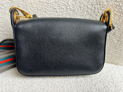 Prada Vitello Phoenix Black Small Leather Crossbody Bag Web Stripe Strap