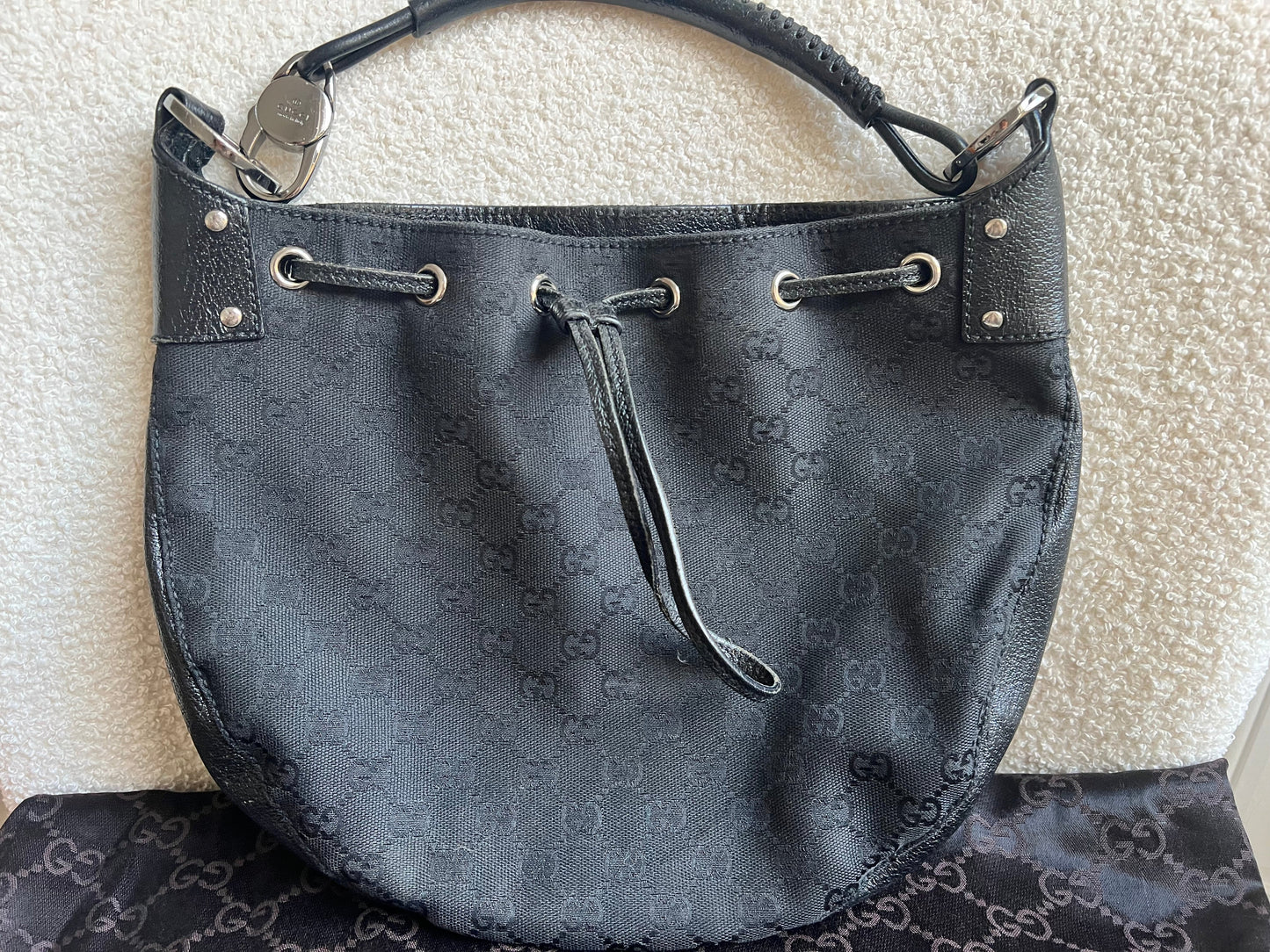 Gucci Black GG Canvas Drawstring Shoulder Bag