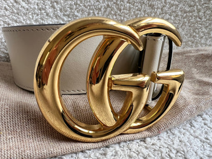 Gucci GG Marmont White Wide Leather Belt with Shiny Gold Buckle (RRP £410)