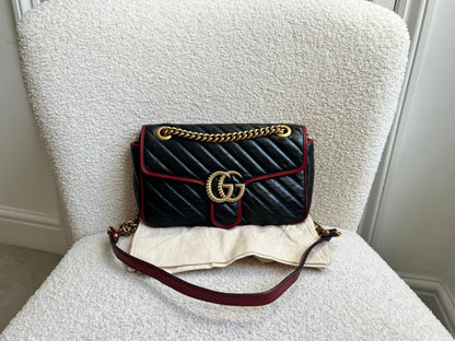 Gucci GG Black and Red Torchon Marmont Small Shoulder Bag