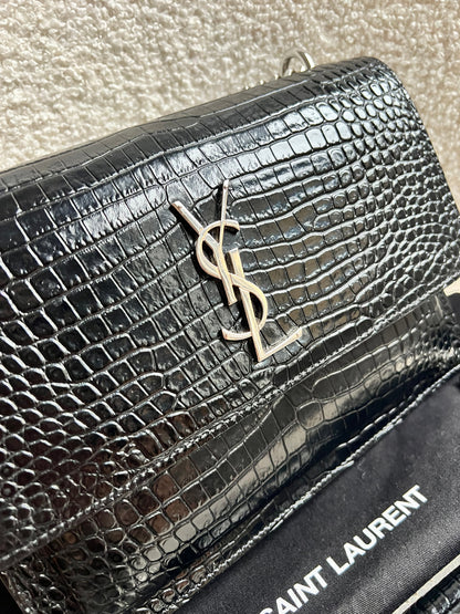 Yves Saint Laurent (YSL) Black Croc Medium Sunset with Silver Hardware (RRP £2,200)