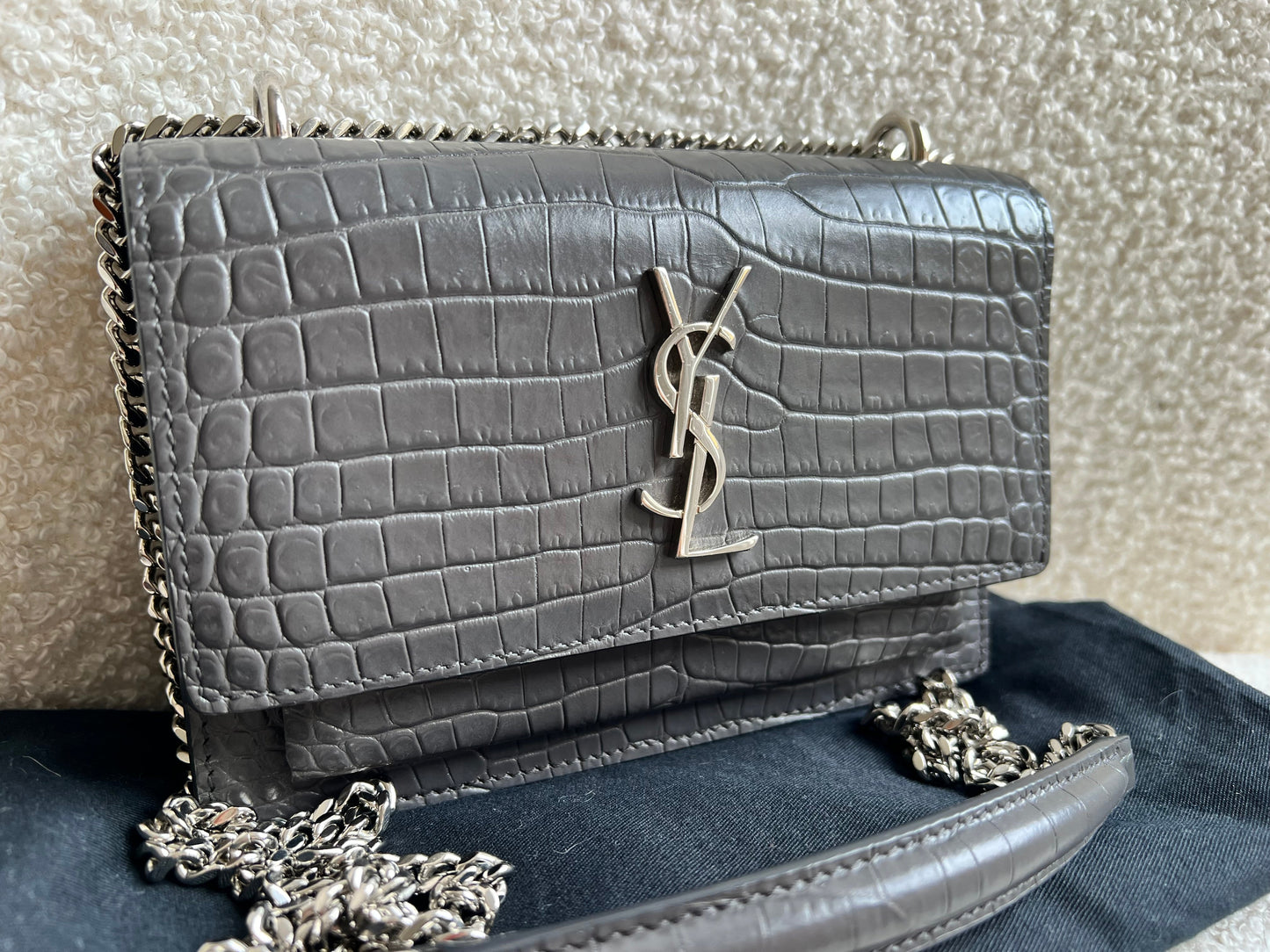 Yves Saint Laurent (YSL) Grey Croc Mini Sunset with Silver Hardware (RRP £1,545)