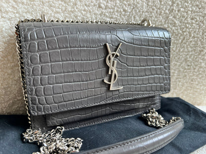 Yves Saint Laurent (YSL) Grey Croc Mini Sunset with Silver Hardware (RRP £1,545)