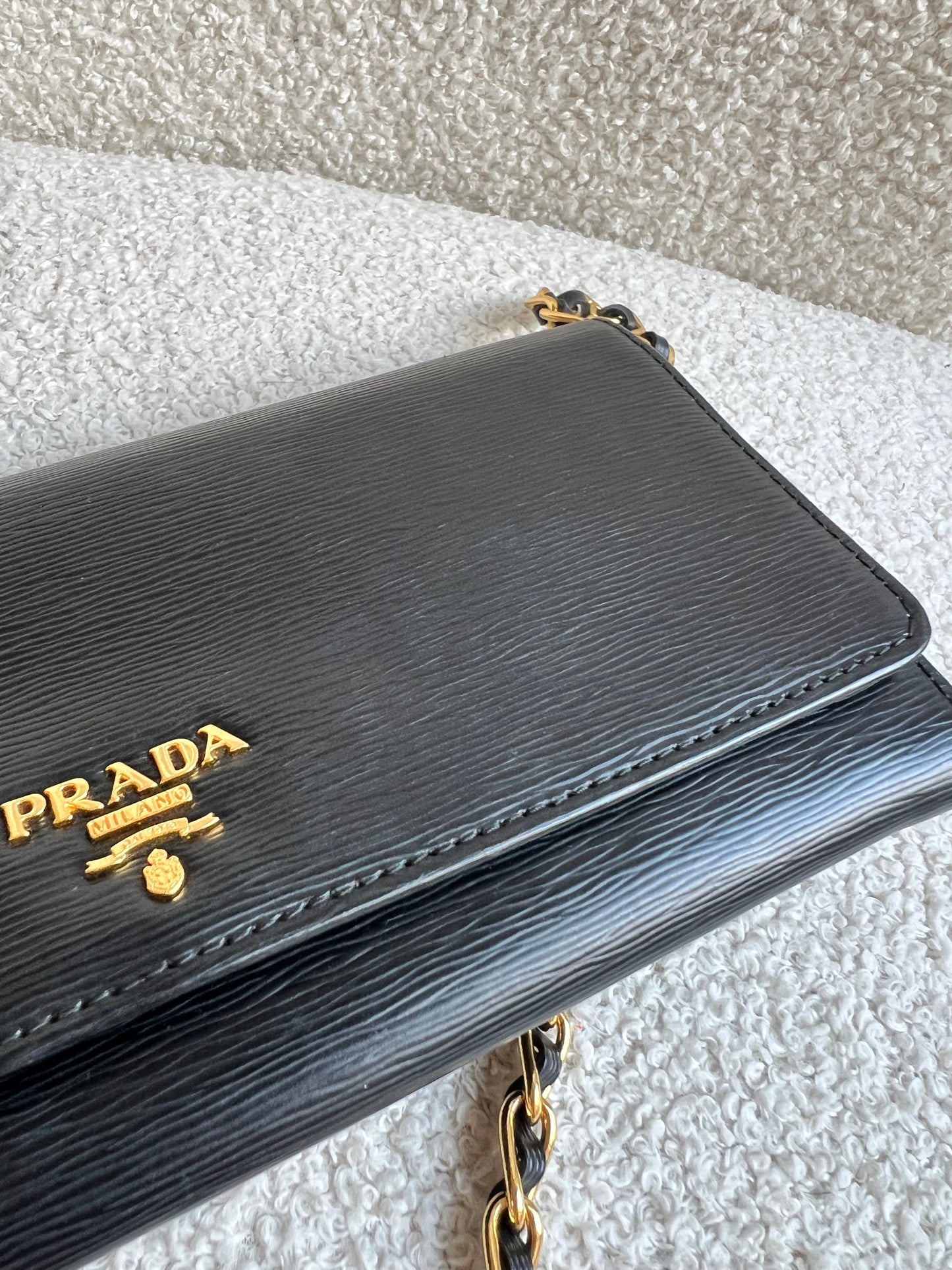 Prada Black Saffiano Wallet on Chain with Gold Hardware