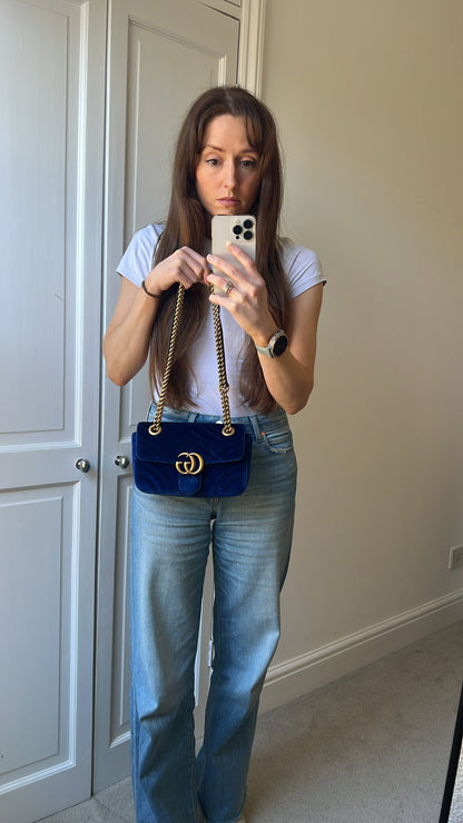 Gucci GG Blue Mini Velvet Marmont Mini Shoulder Bag