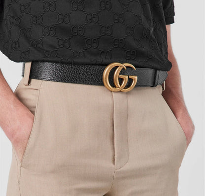 Gucci GG Marmont Black Wide Leather Belt with Shiny Gold Buckle (RRP £410)
