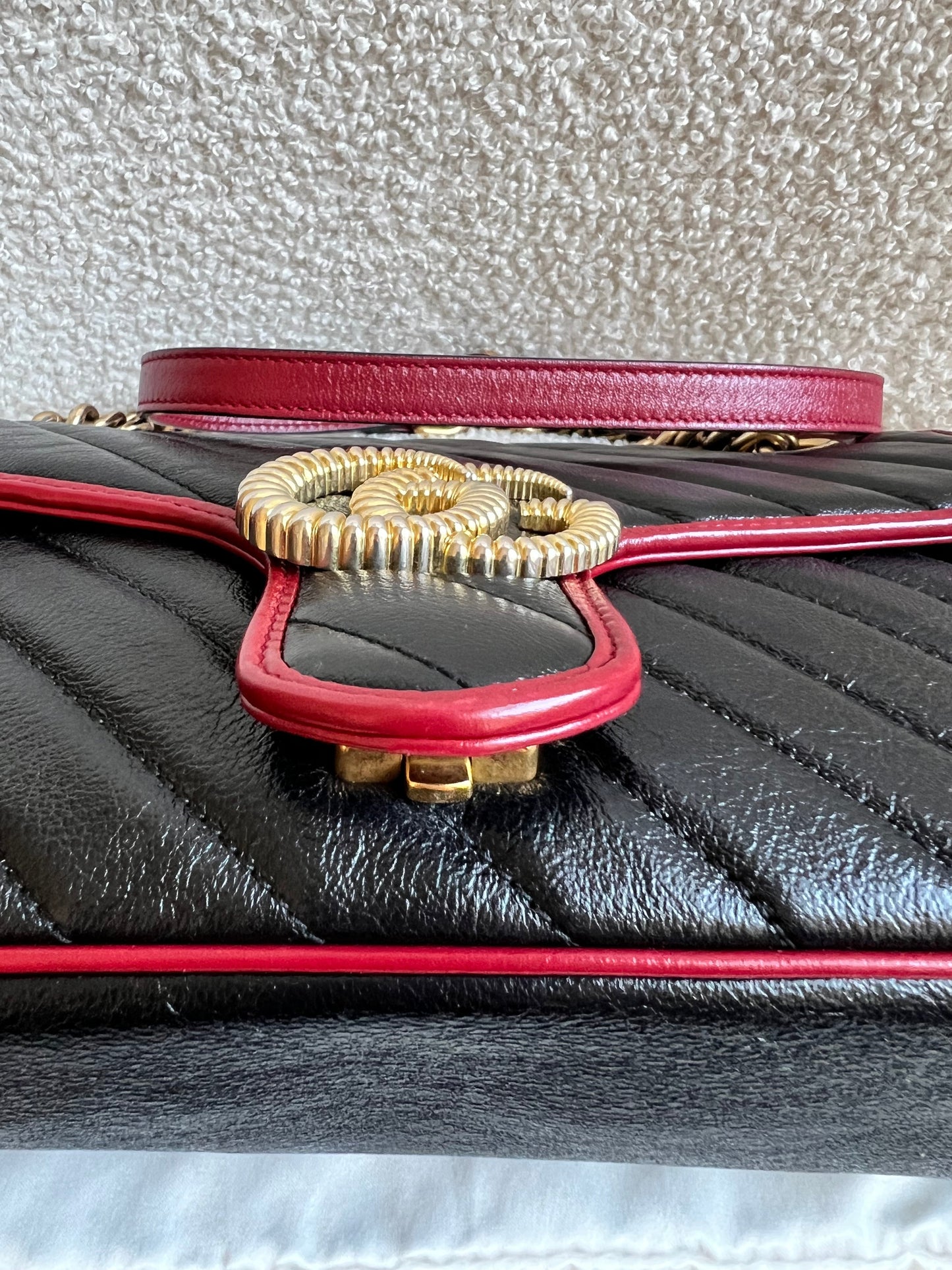 Gucci GG Black and Red Torchon Marmont Small Shoulder Bag