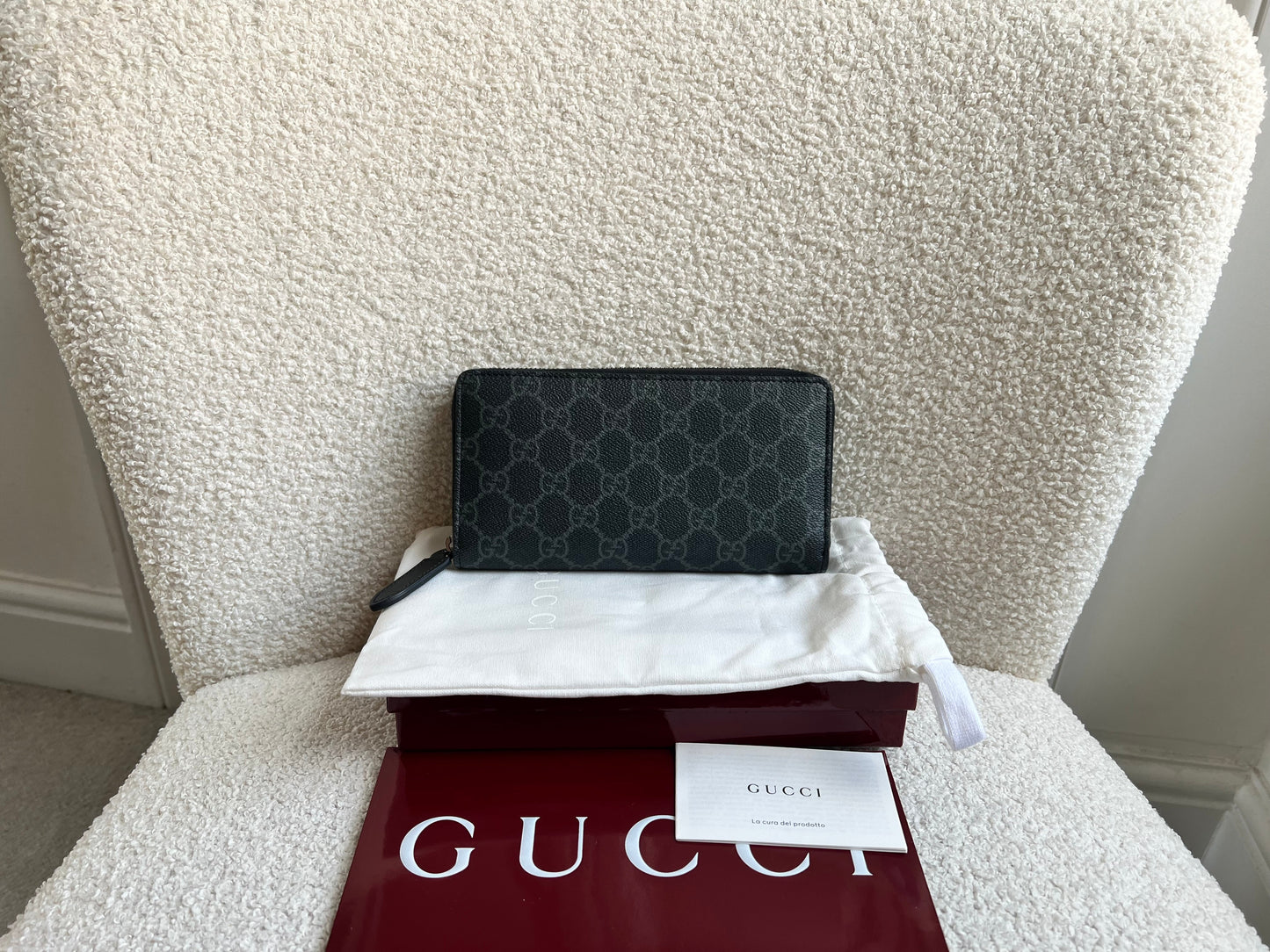 Gucci Black Grey GG Canvas zip around wallet