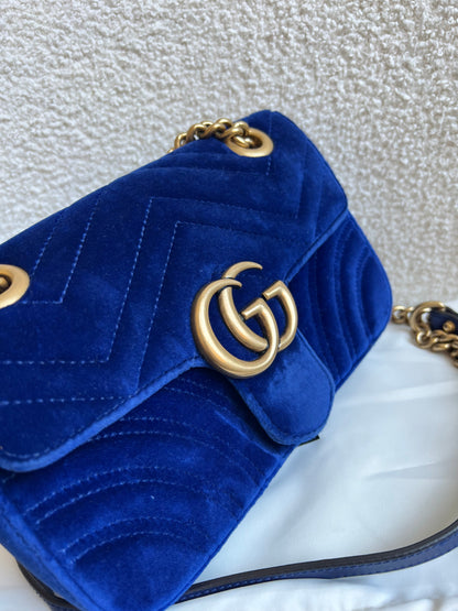 Gucci GG Blue Mini Velvet Marmont Mini Shoulder Bag