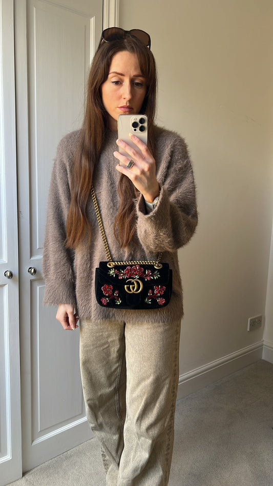 Gucci GG Black Velvet Embellished Marmont Mini Shoulder Bag